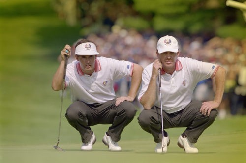 Padriag Harrington of Ireland and Miguel Angel Jimenez of Spain and Europe